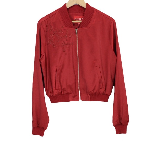 GUESS Cropped Bomber Cherry Blossoms Red Spring Fall Jacket Lightweight Large L - Picture 2 of 11